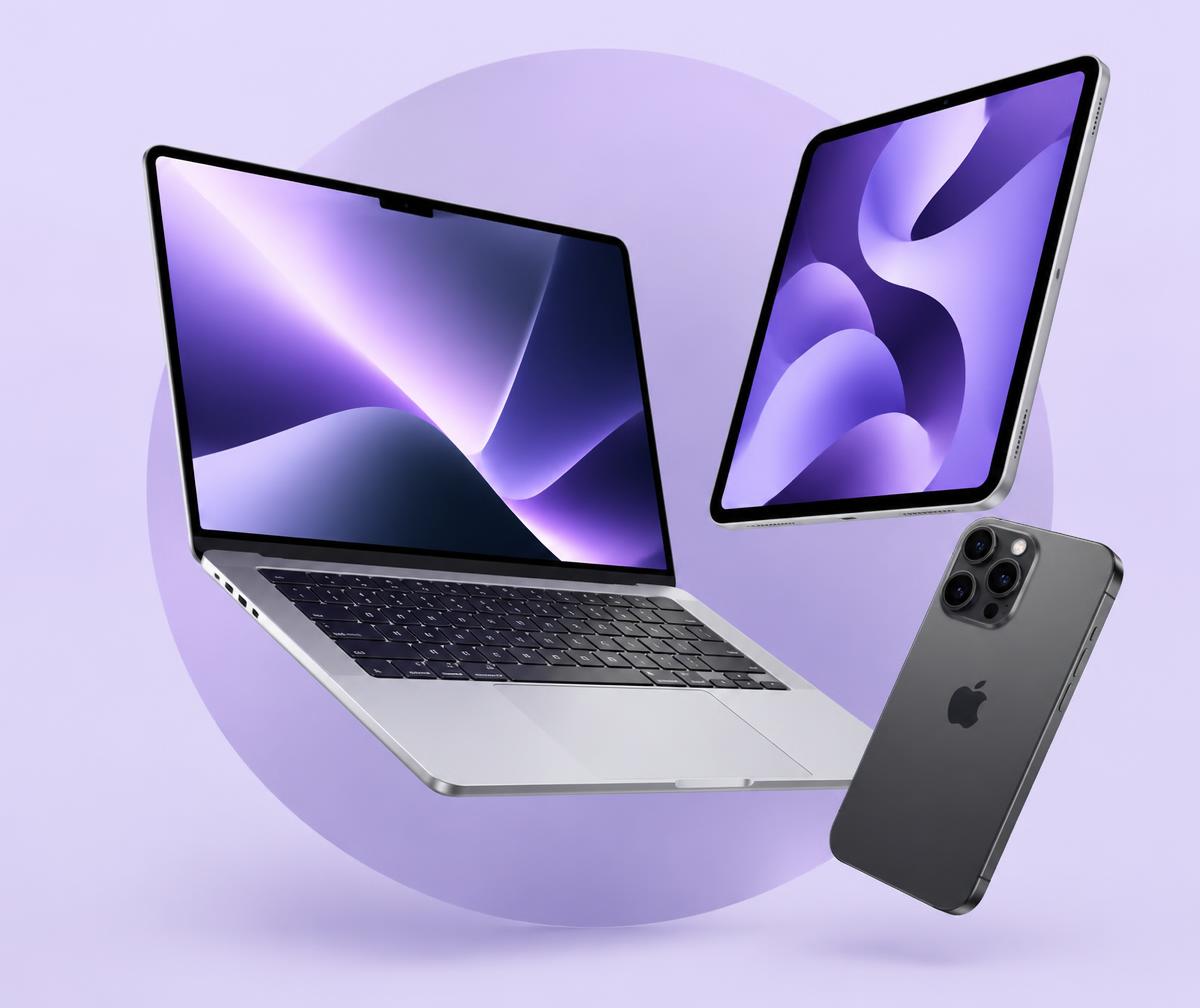 MacBook, iPad et iPhone dans une composition lavande